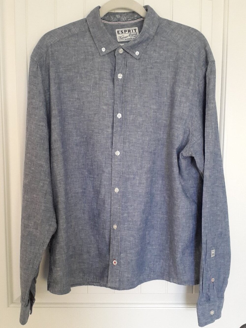 Esprit Men's Flax Cotton Blend Button Down Chambray Shirt Blue Size XL